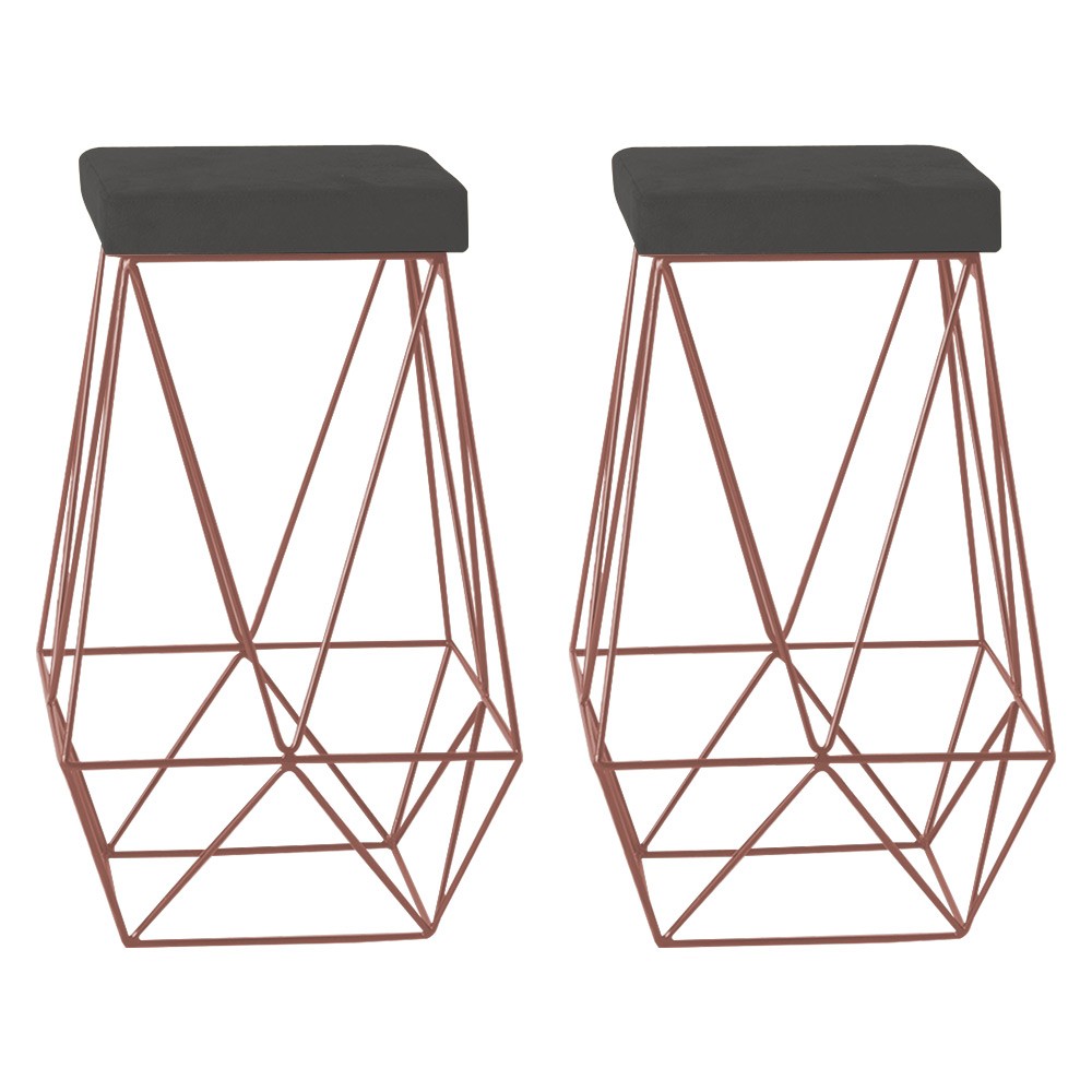 Kit 2 Banqueta Decorativa Kathy Base Bronze Suede Cinza G41 - Gran Belo