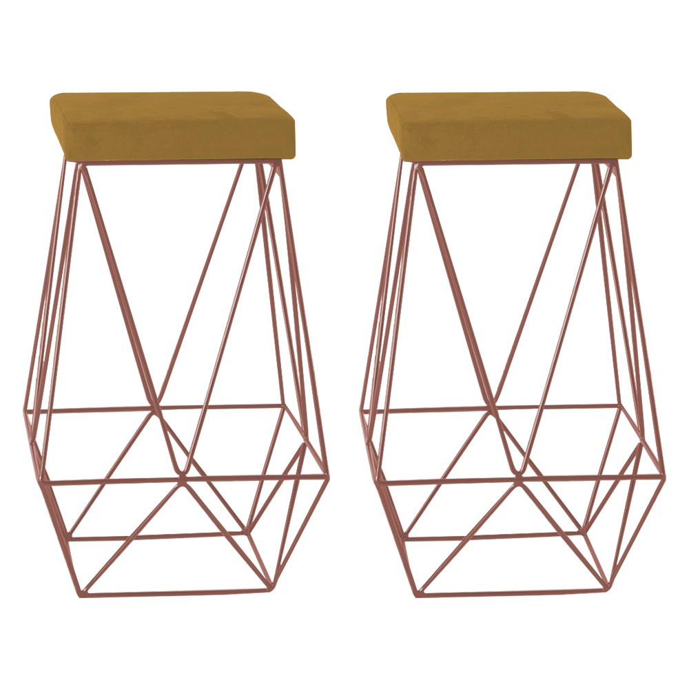 Kit 2 Banqueta Decorativa Kathy Base Bronze Suede Mostarda G41 - Gran Belo