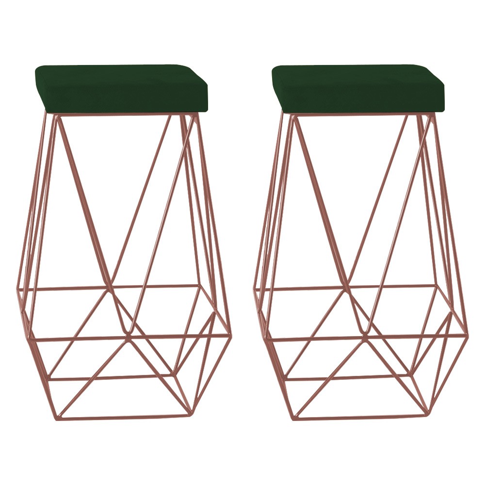 Kit 2 Banqueta Decorativa Kathy Base Bronze Suede Verde G41 - Gran Belo