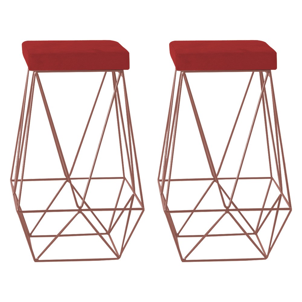 Kit 2 Banqueta Decorativa Kathy Base Bronze Suede Vermelho - Gran Belo