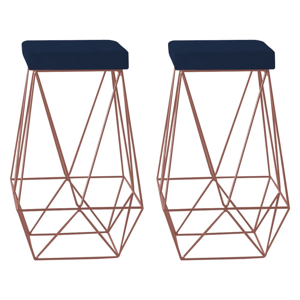 Kit 2 Banqueta Decorativa Kathy Base Bronze Veludo Azul G41 - Gran Belo
