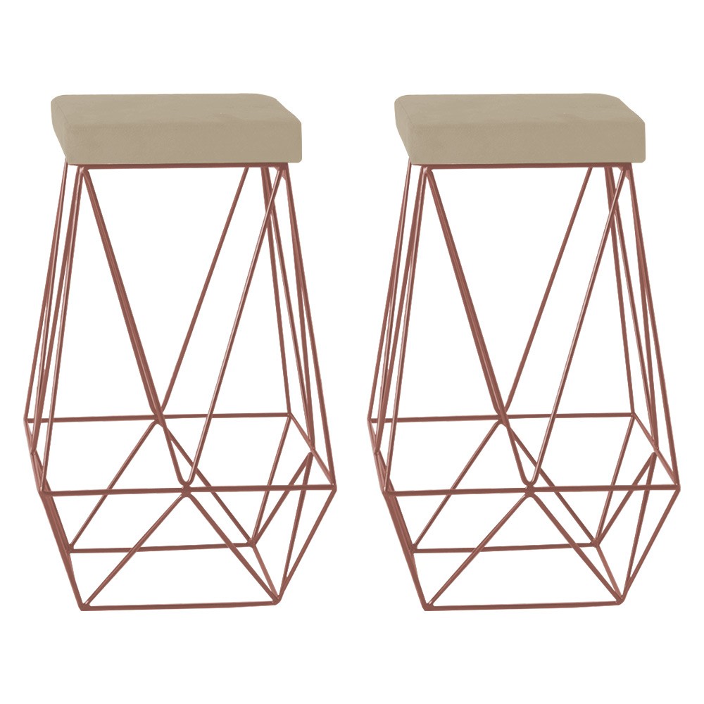 Kit 2 Banqueta Decorativa Kathy Base Bronze Veludo Bege G41 - Gran Belo
