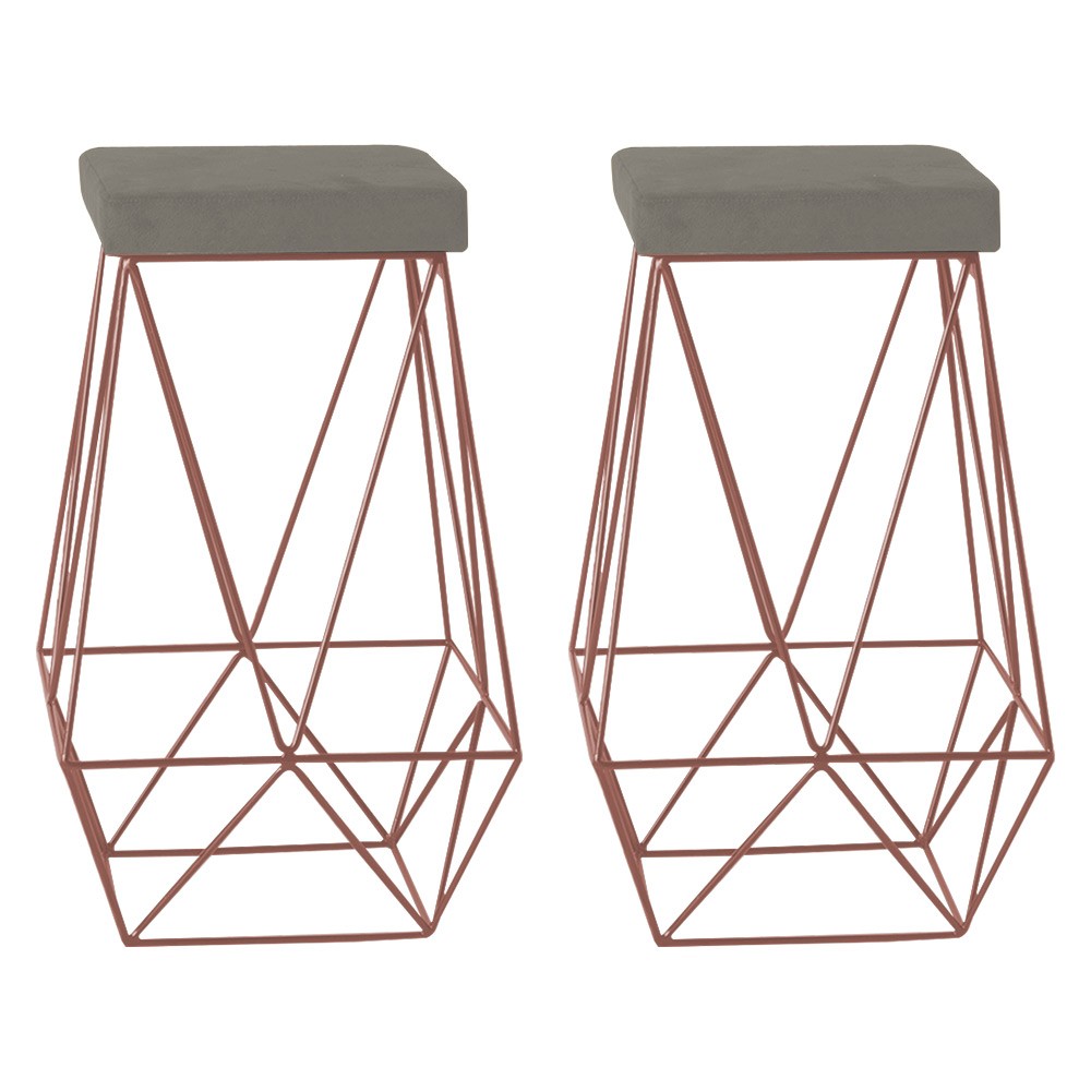Kit 2 Banqueta Decorativa Kathy Base Bronze Veludo Cinza G41 - Gran Belo