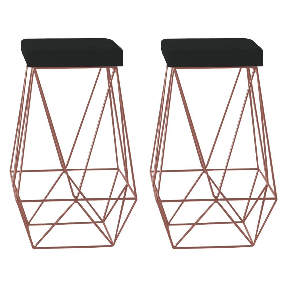 Kit 2 Banqueta Decorativa Kathy Base Bronze Veludo Preto G41 - Gran Belo