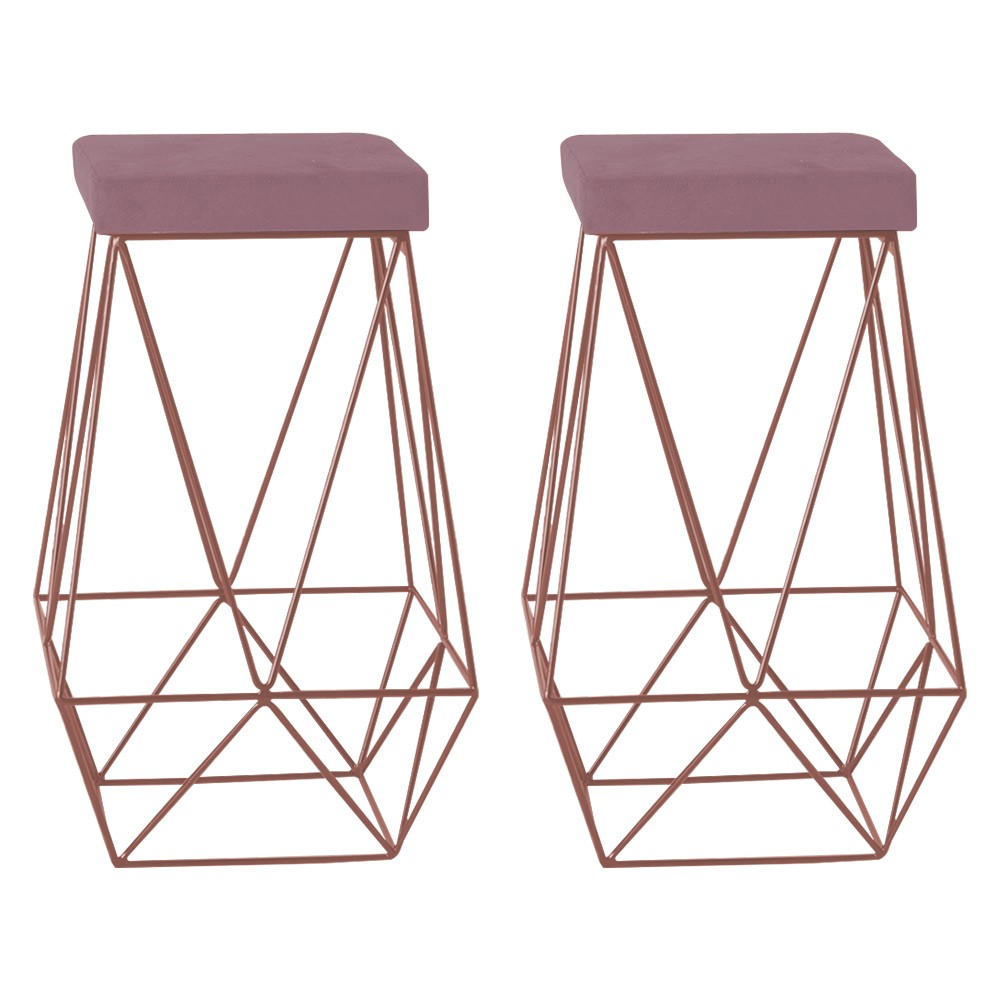 Kit 2 Banqueta Decorativa Kathy Base Bronze Veludo Rosê G41 - Gran Belo