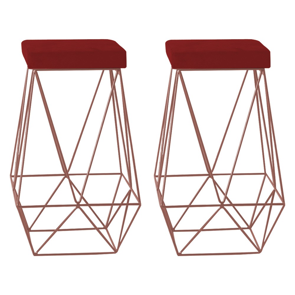 Kit 2 Banqueta Decorativa Kathy Base Bronze Veludo Vermelho G41 - Gran Belo