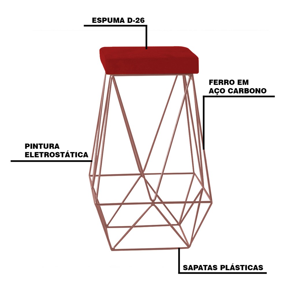 Kit 2 Banqueta Decorativa Kathy Base Bronze Veludo Vermelho G41 - Gran Belo