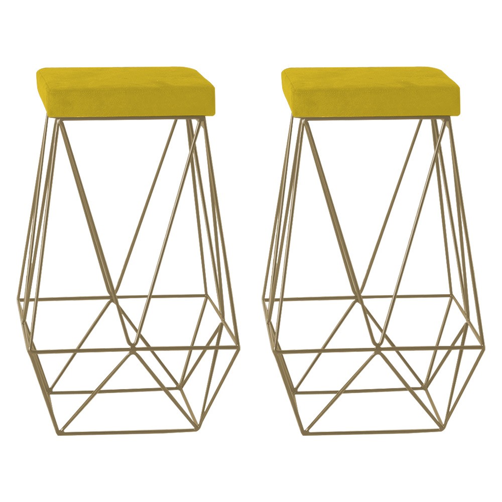 Kit 2 Banqueta Decorativa Kathy Base Gold Suede Amarelo G41 - Gran Belo