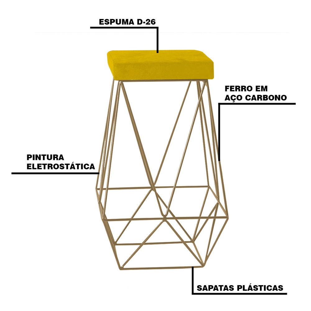 Kit 2 Banqueta Decorativa Kathy Base Gold Suede Amarelo G41 - Gran Belo