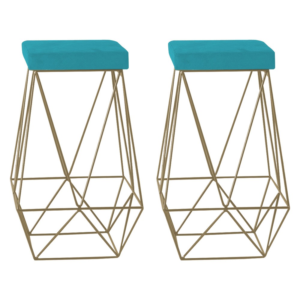 Kit 2 Banqueta Decorativa Kathy Base Gold Suede Azul Claro - Gran Belo