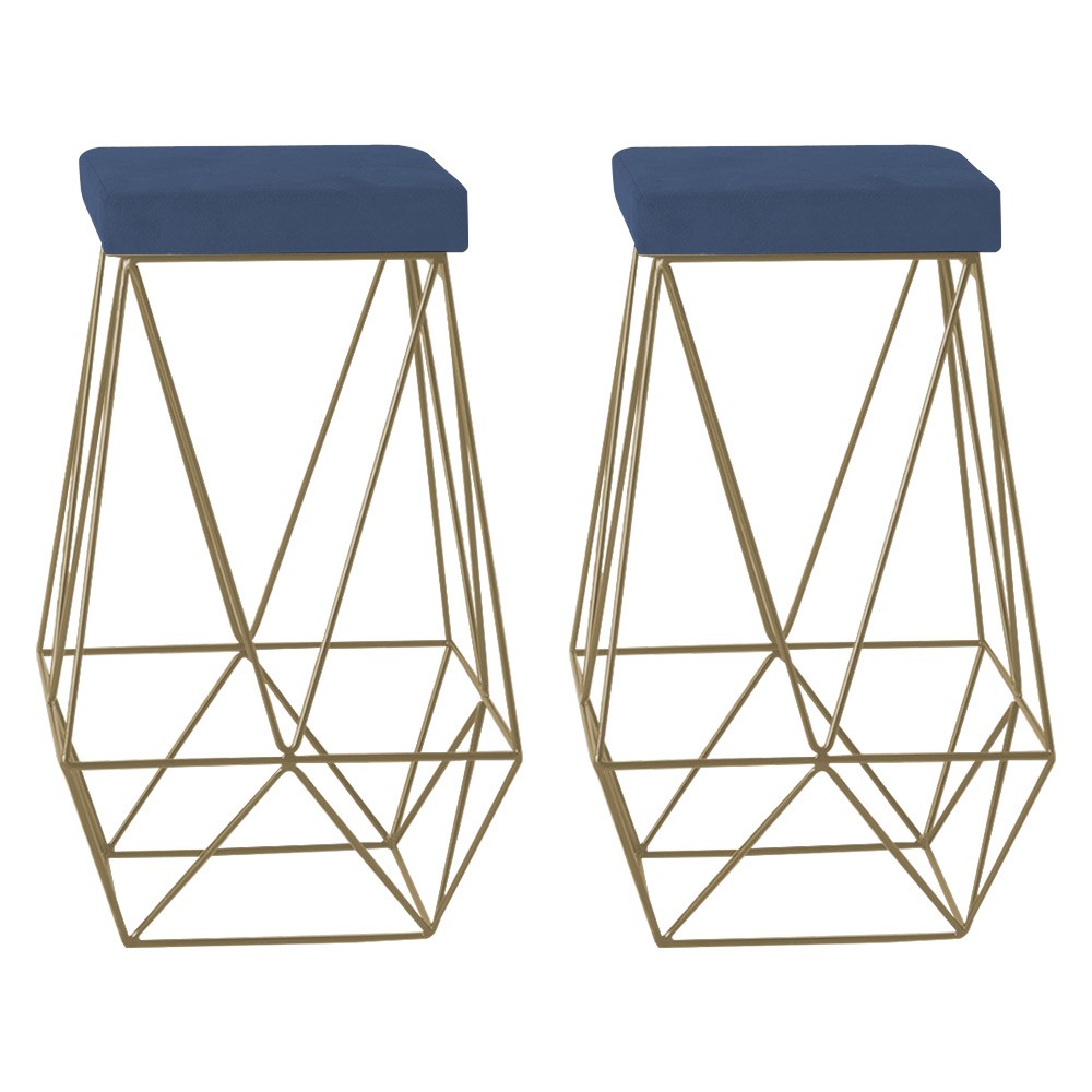 Kit 2 Banqueta Decorativa Kathy Base Gold Suede Azul Marinho G41 - Gran Belo