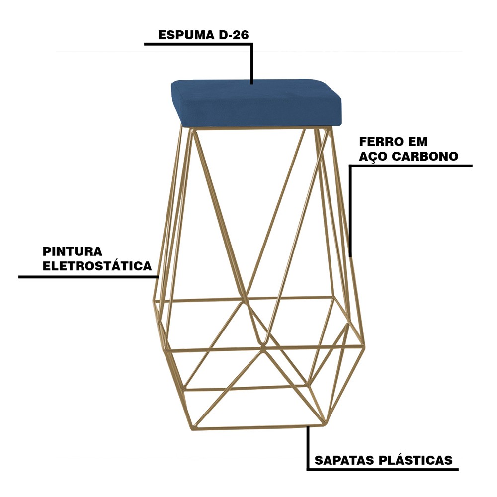 Kit 2 Banqueta Decorativa Kathy Base Gold Suede Azul Marinho G41 - Gran Belo