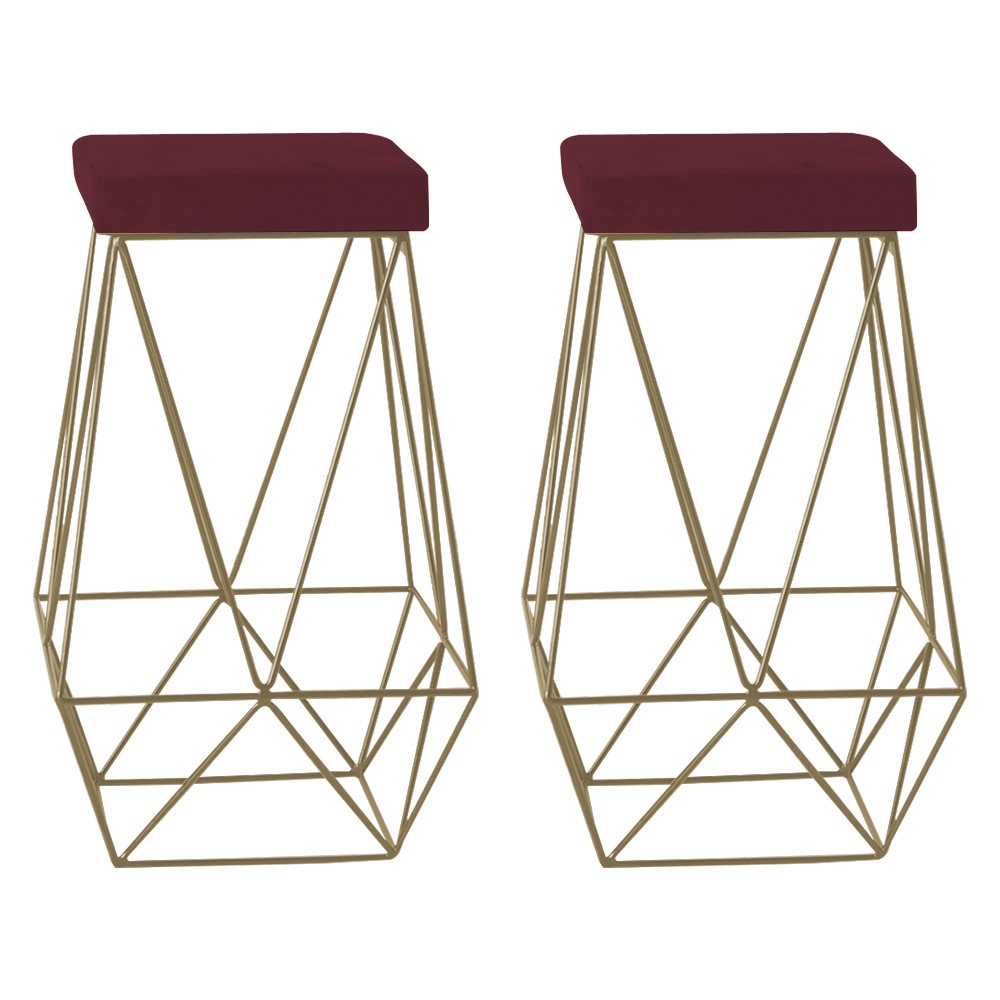 Kit 2 Banqueta Decorativa Kathy Base Gold Suede Bordô G41 - Gran Belo