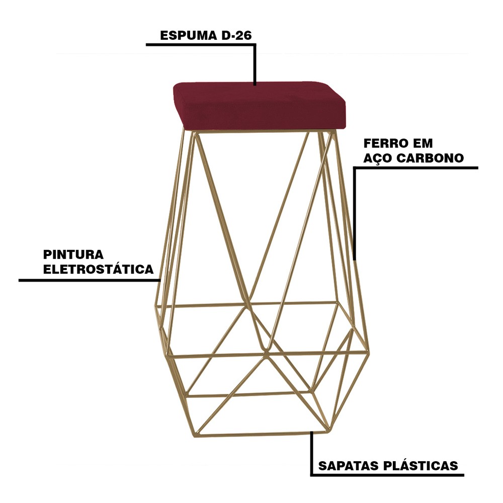 Kit 2 Banqueta Decorativa Kathy Base Gold Suede Bordô G41 - Gran Belo