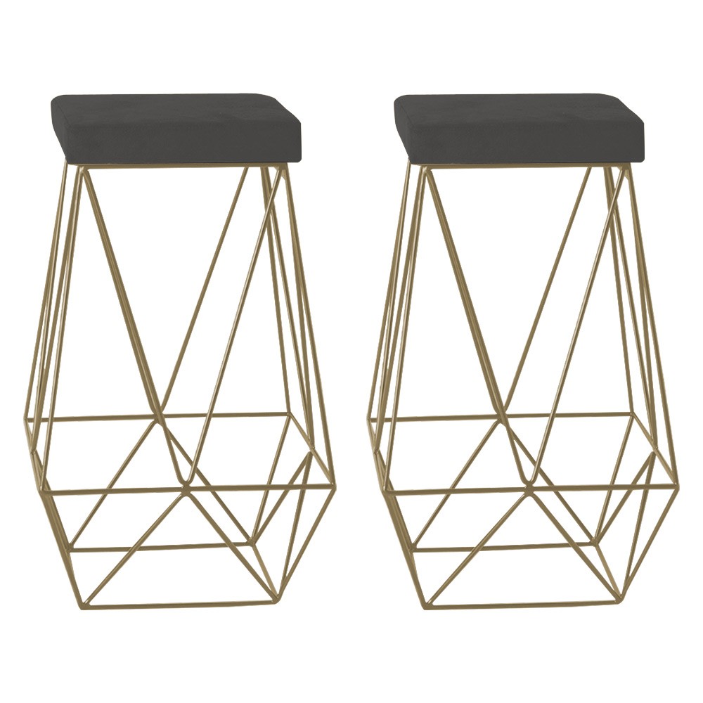 Kit 2 Banqueta Decorativa Kathy Base Gold Suede Cinza G41 - Gran Belo
