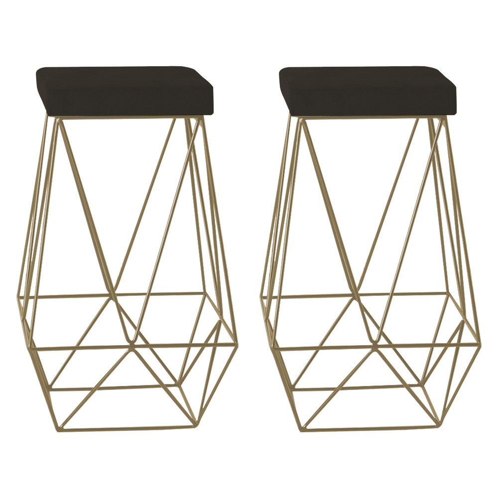 Kit 2 Banqueta Decorativa Kathy Base Gold Suede Marrom G41 - Gran Belo