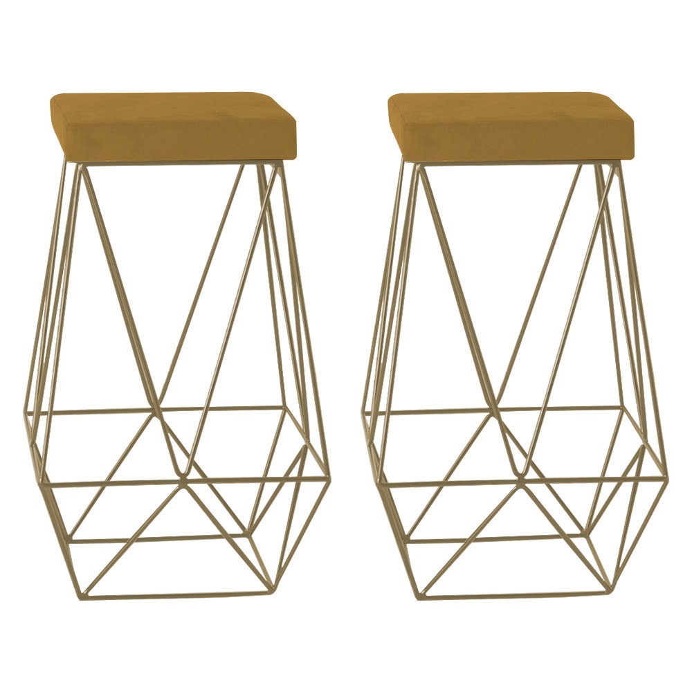 Kit 2 Banqueta Decorativa Kathy Base Gold Suede Mostarda G41 - Gran Belo