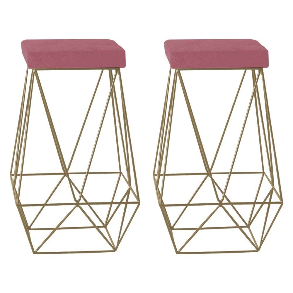 Kit 2 Banqueta Decorativa Kathy Base Gold Suede Rosa G41 - Gran Belo