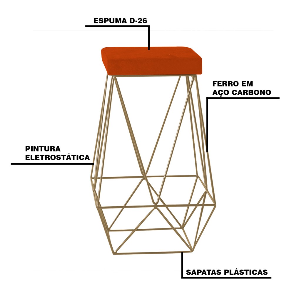 Kit 2 Banqueta Decorativa Kathy Base Gold Suede Telha G41 - Gran Belo