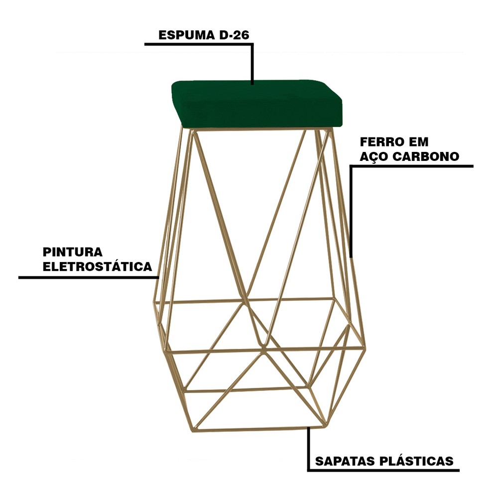 Kit 2 Banqueta Decorativa Kathy Base Gold Suede Verde G41 - Gran Belo