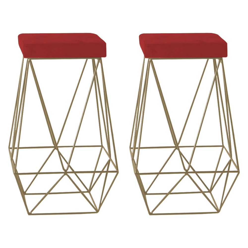 Kit 2 Banqueta Decorativa Kathy Base Gold Suede Vermelho G41 - Gran Belo