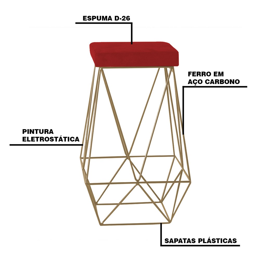 Kit 2 Banqueta Decorativa Kathy Base Gold Suede Vermelho G41 - Gran Belo