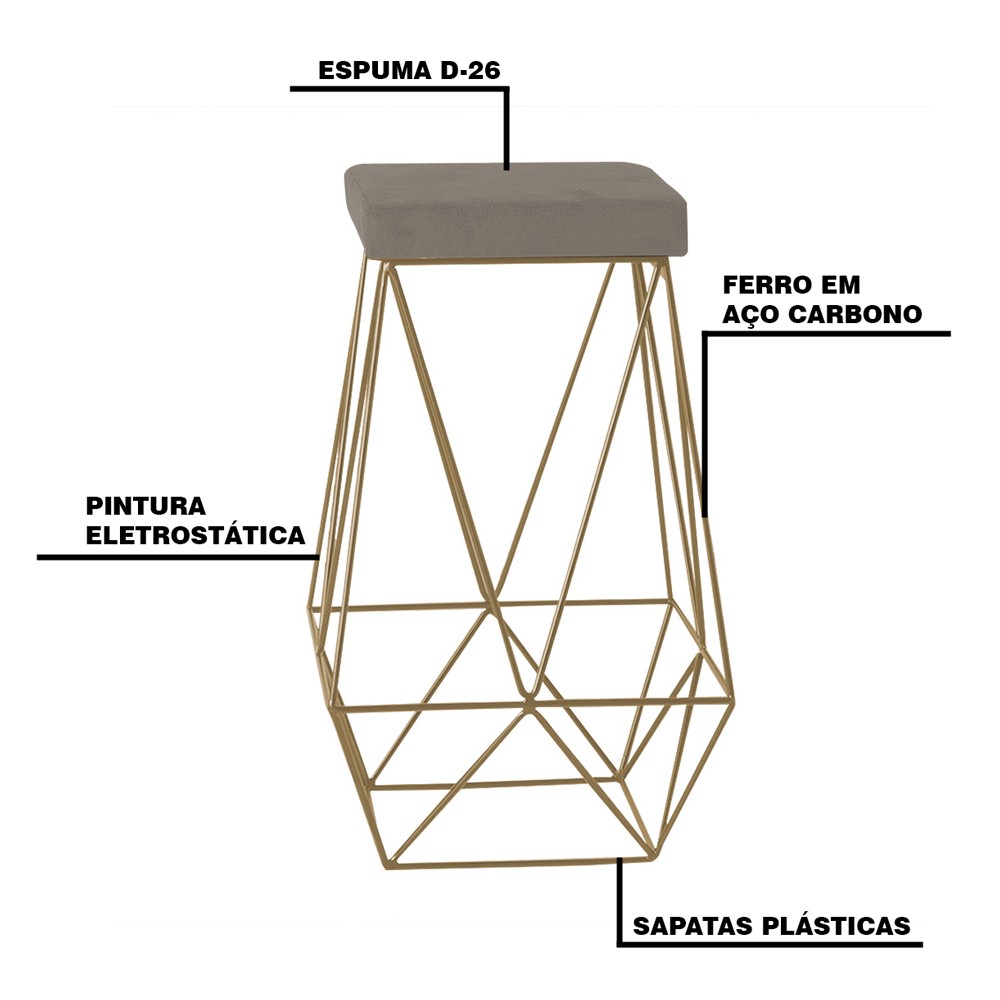 Kit 2 Banqueta Decorativa Kathy Base Gold Veludo Cinza G41 - Gran Belo