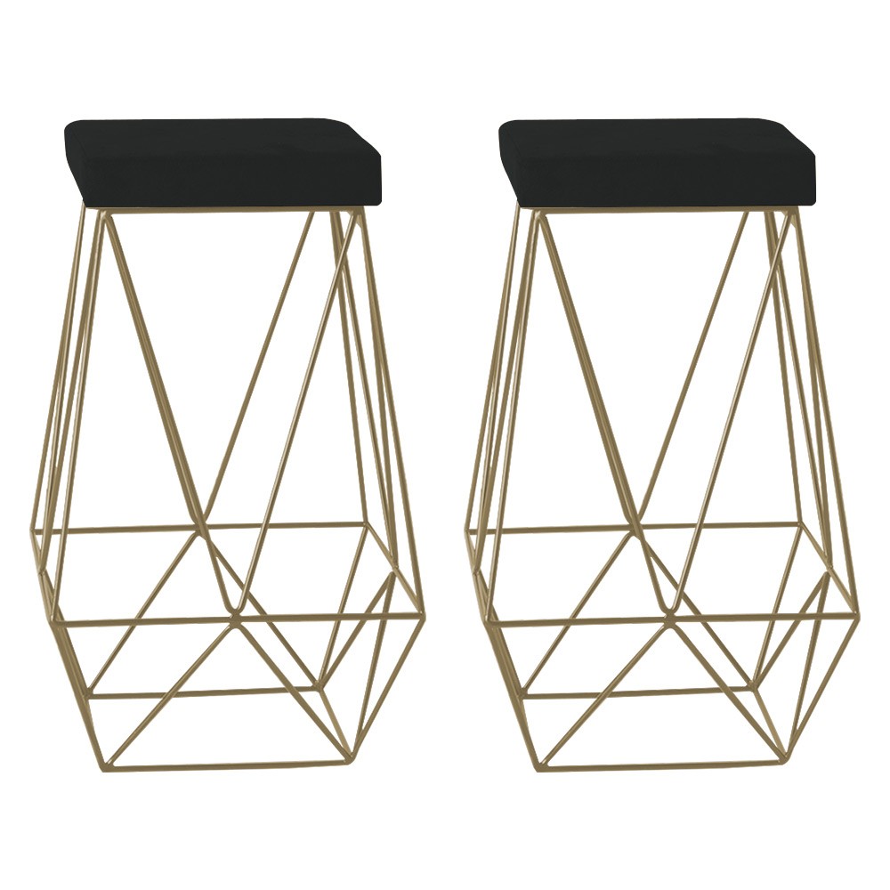Kit 2 Banqueta Decorativa Kathy Base Gold Veludo Preto - Gran Belo