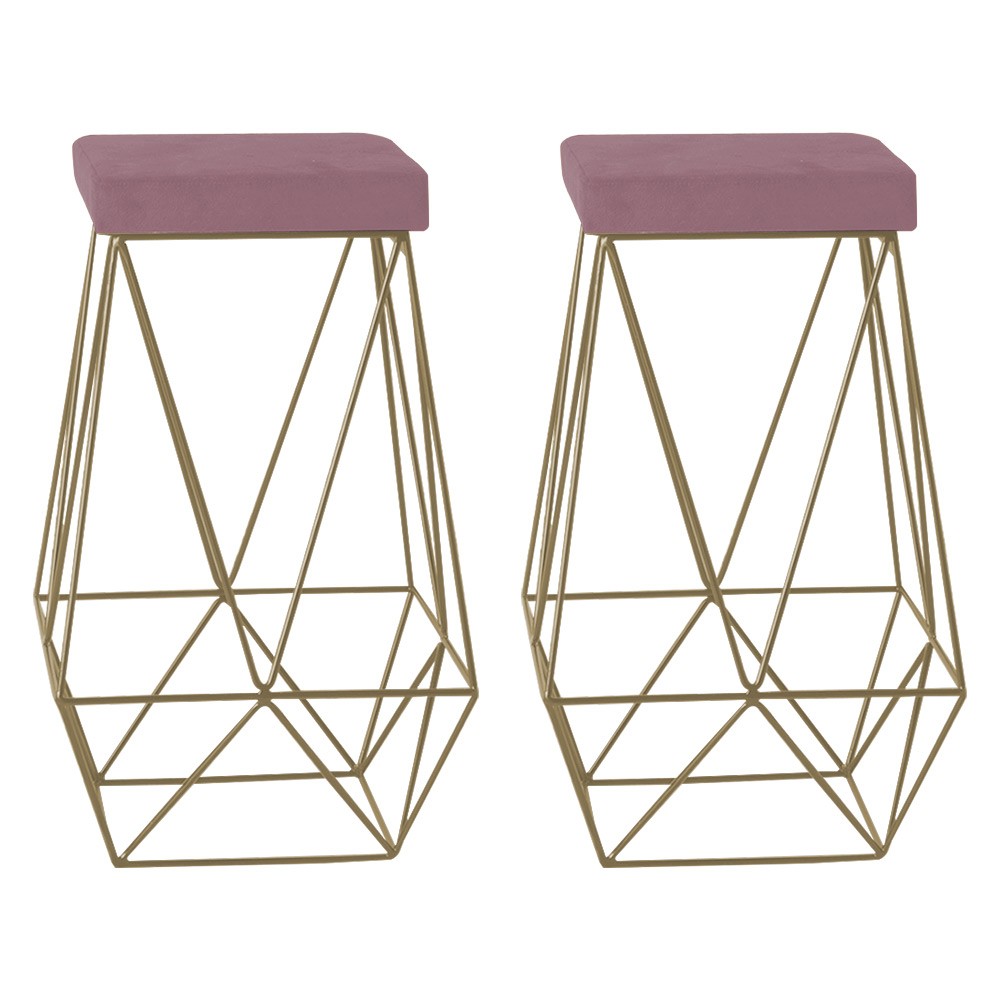 Kit 2 Banqueta Decorativa Kathy Base Gold Veludo Rosê G41 - Gran Belo