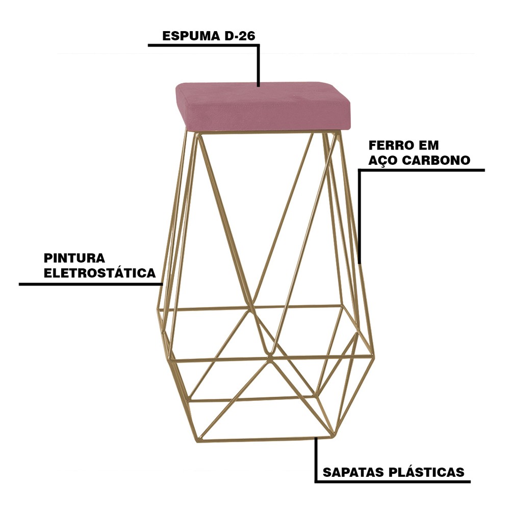 Kit 2 Banqueta Decorativa Kathy Base Gold Veludo Rosê G41 - Gran Belo