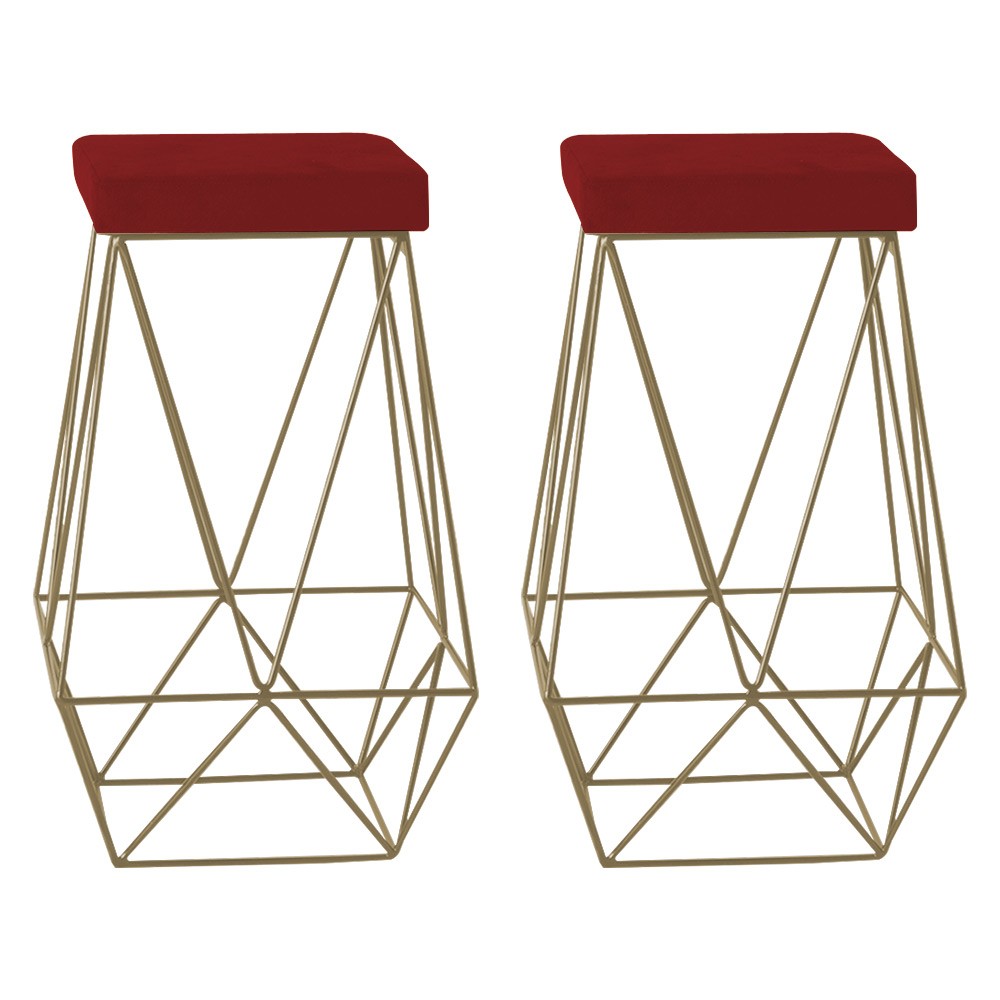 Kit 2 Banqueta Decorativa Kathy Base Gold Veludo Vermelho G41 - Gran Belo