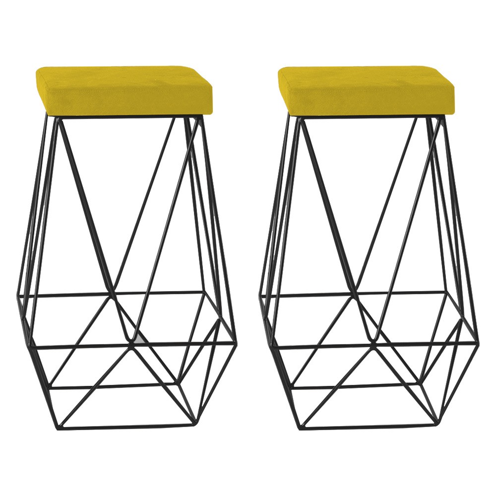 Kit 2 Banqueta Decorativa Kathy Base Preta Suede Amarelo G41 - Gran Belo