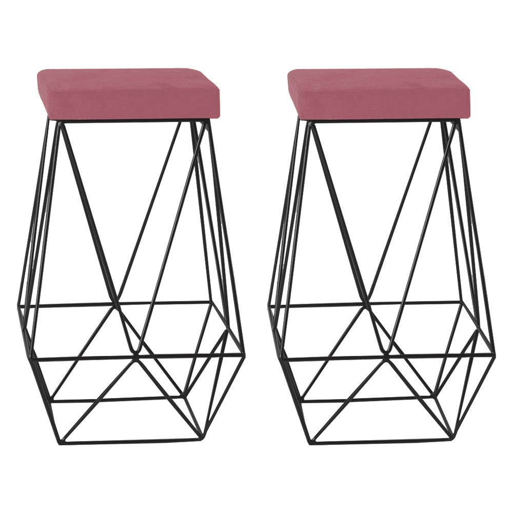 Kit 2 Banqueta Decorativa Kathy Base Preta Suede Rosa G41 - Gran Belo