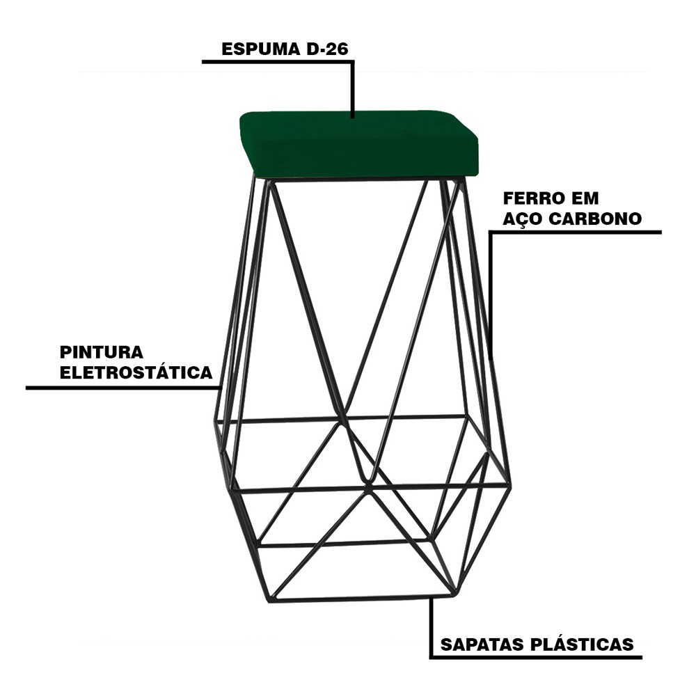 Kit 2 Banqueta Decorativa Kathy Base Preta Suede Verde G41 - Gran Belo