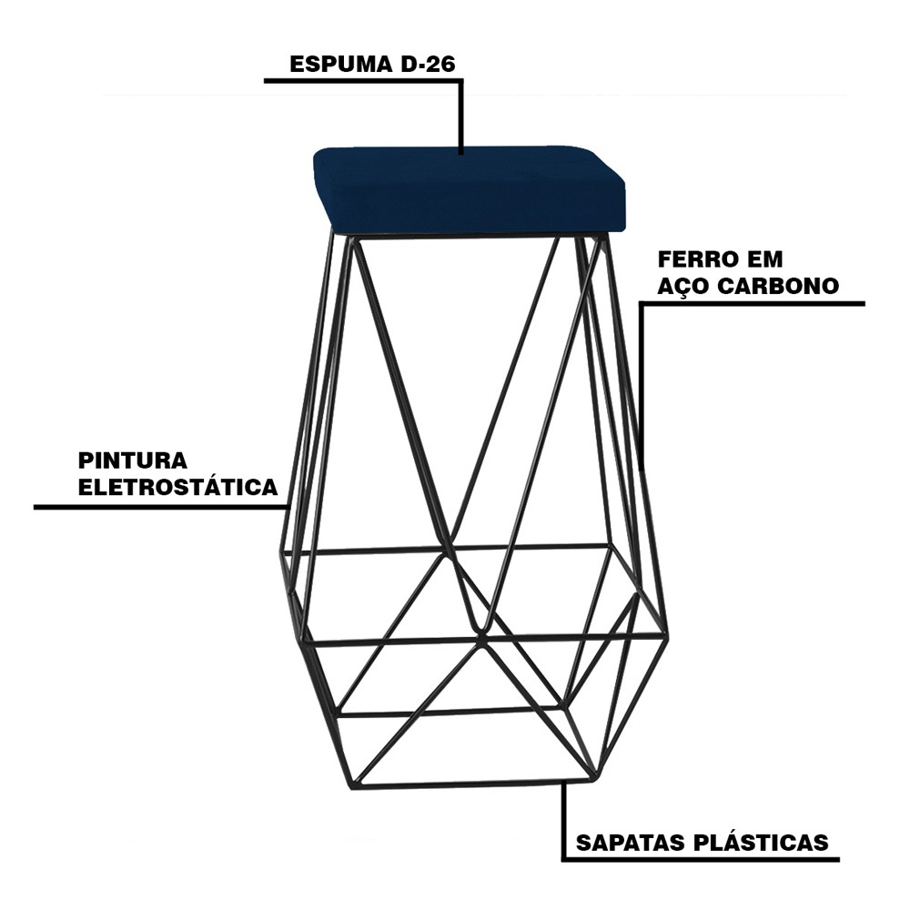 Kit 2 Banqueta Decorativa Kathy Base Preta Veludo Azul G41 - Gran Belo