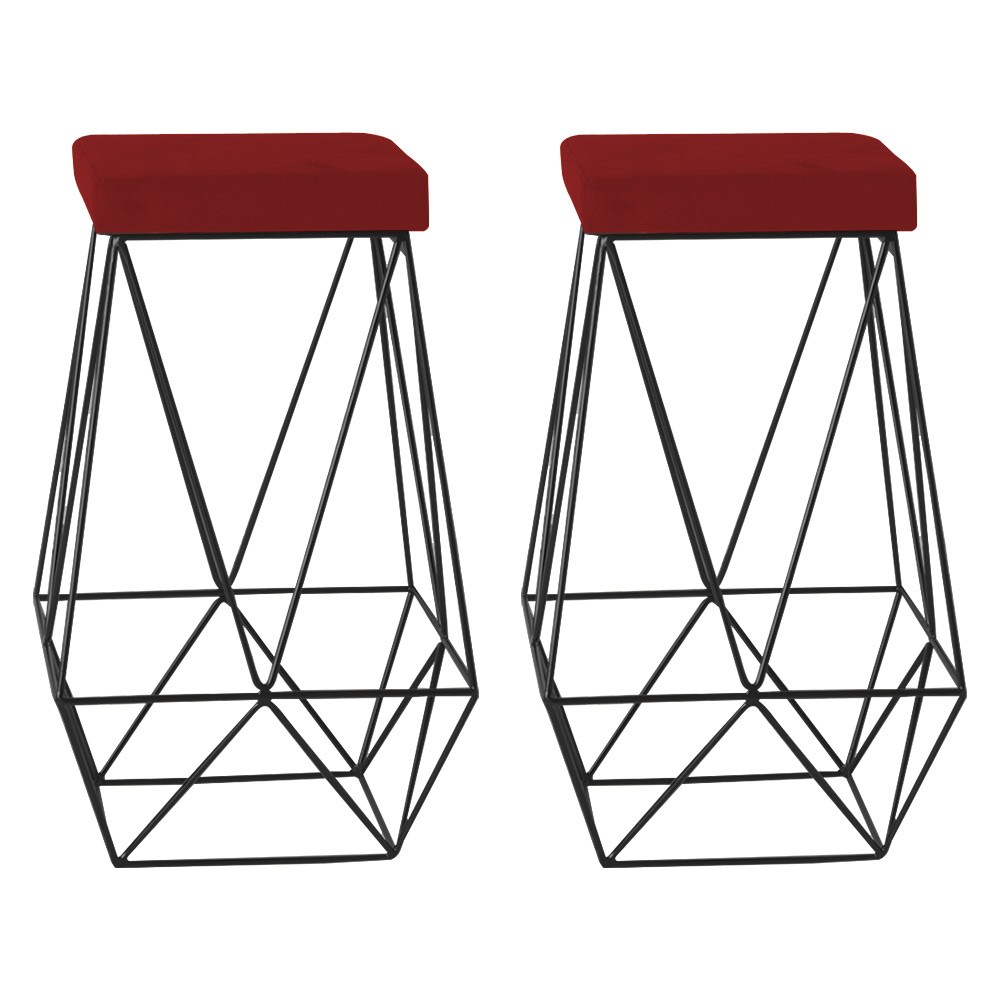 Kit 2 Banqueta Decorativa Kathy Base Preta Veludo Vermelho G41 - Gran Belo