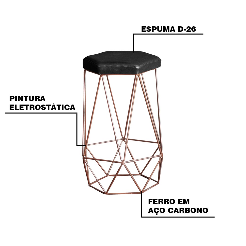 Kit 2 Banqueta Decorativa Rubel Base Bronze PU Sintético Preto G41 - Gran Belo