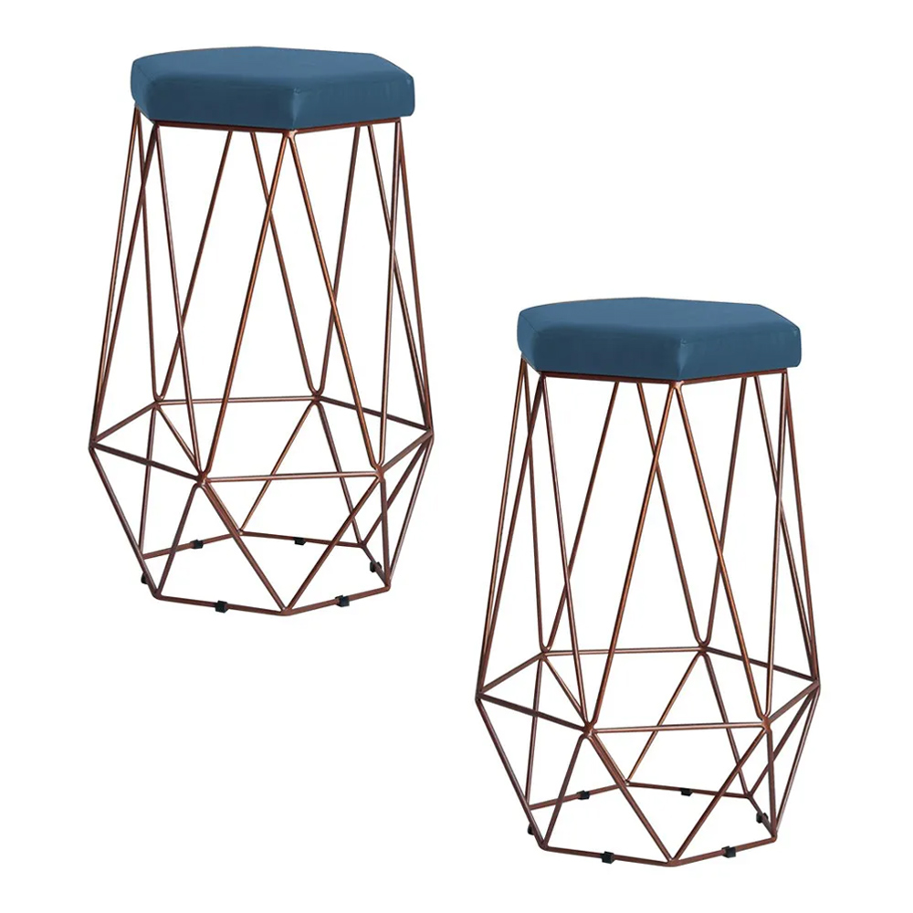 Kit 2 Banqueta Decorativa Rubel Base Bronze Suede Azul Marinho G41 - Gran Belo