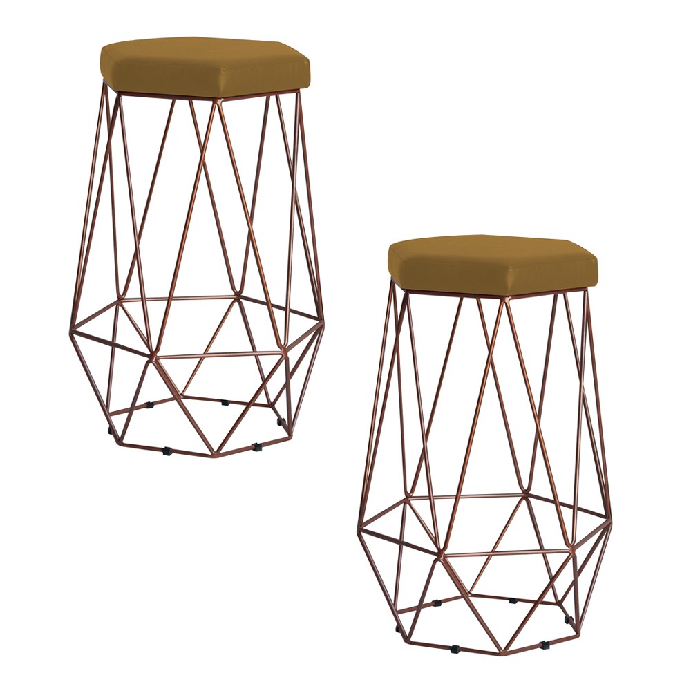 Kit 2 Banqueta Decorativa Rubel Base Bronze Suede Mostarda G41 - Gran Belo