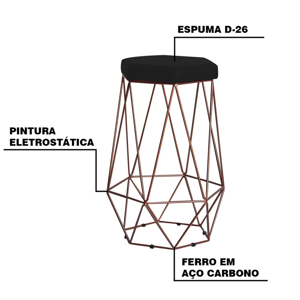 Kit 2 Banqueta Decorativa Rubel Base Bronze Suede Preto G41 - Gran Belo