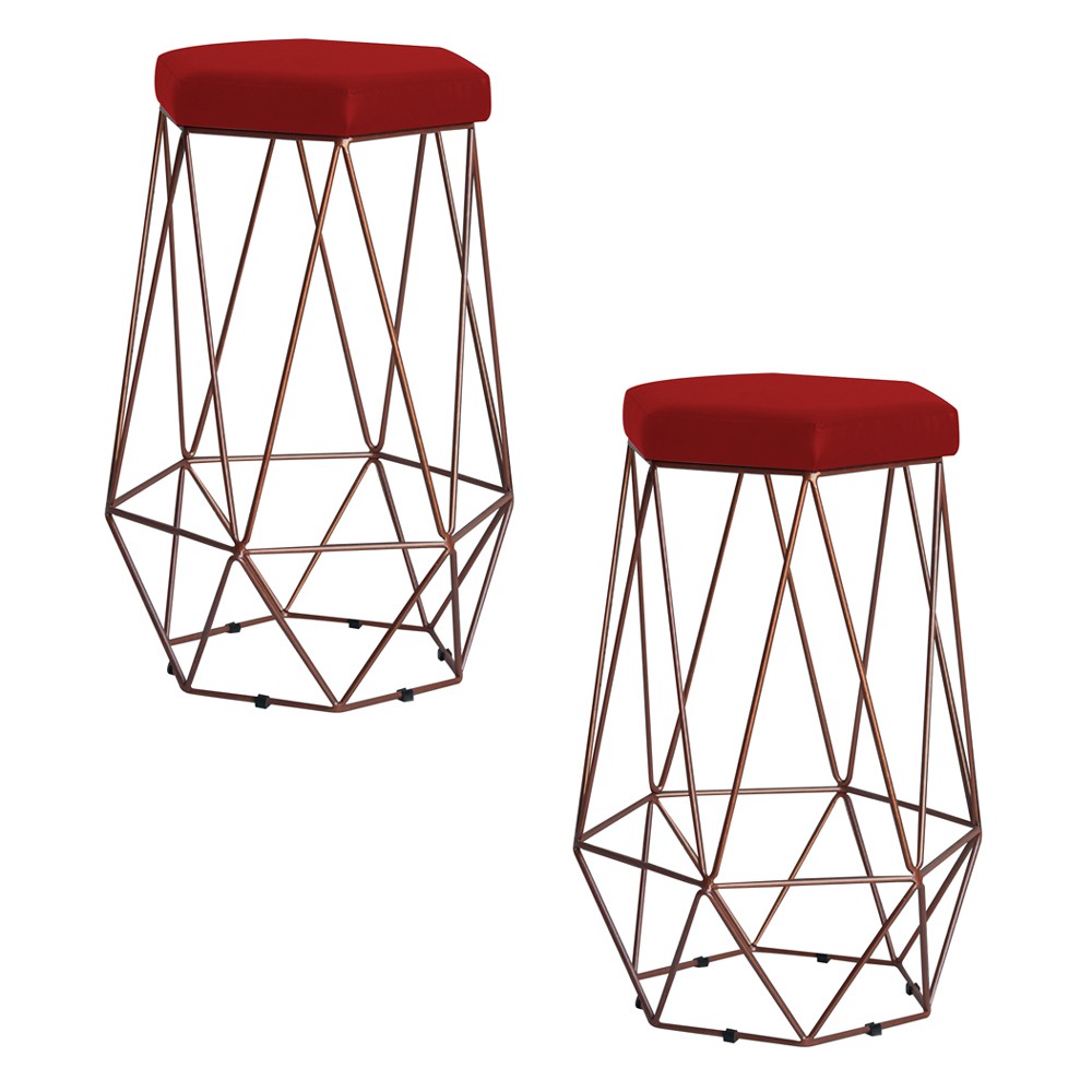 Kit 2 Banqueta Decorativa Rubel Base Bronze Suede Vermelho G41 - Gran Belo