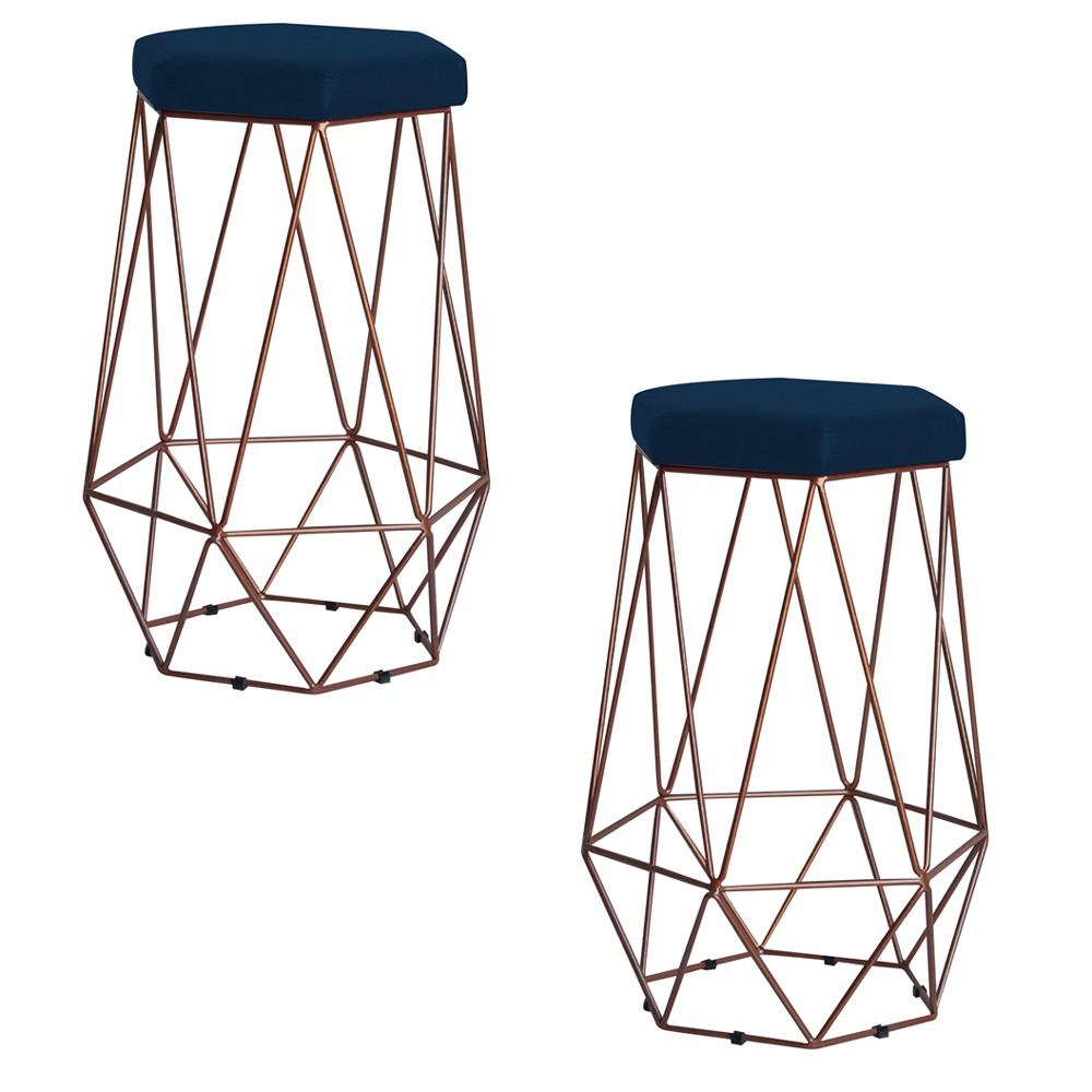 Kit 2 Banqueta Decorativa Rubel Base Bronze Veludo Azul G41 - Gran Belo