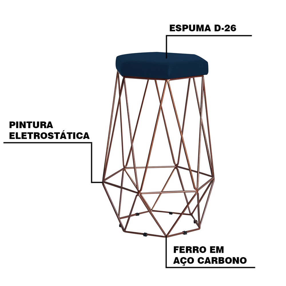 Kit 2 Banqueta Decorativa Rubel Base Bronze Veludo Azul G41 - Gran Belo