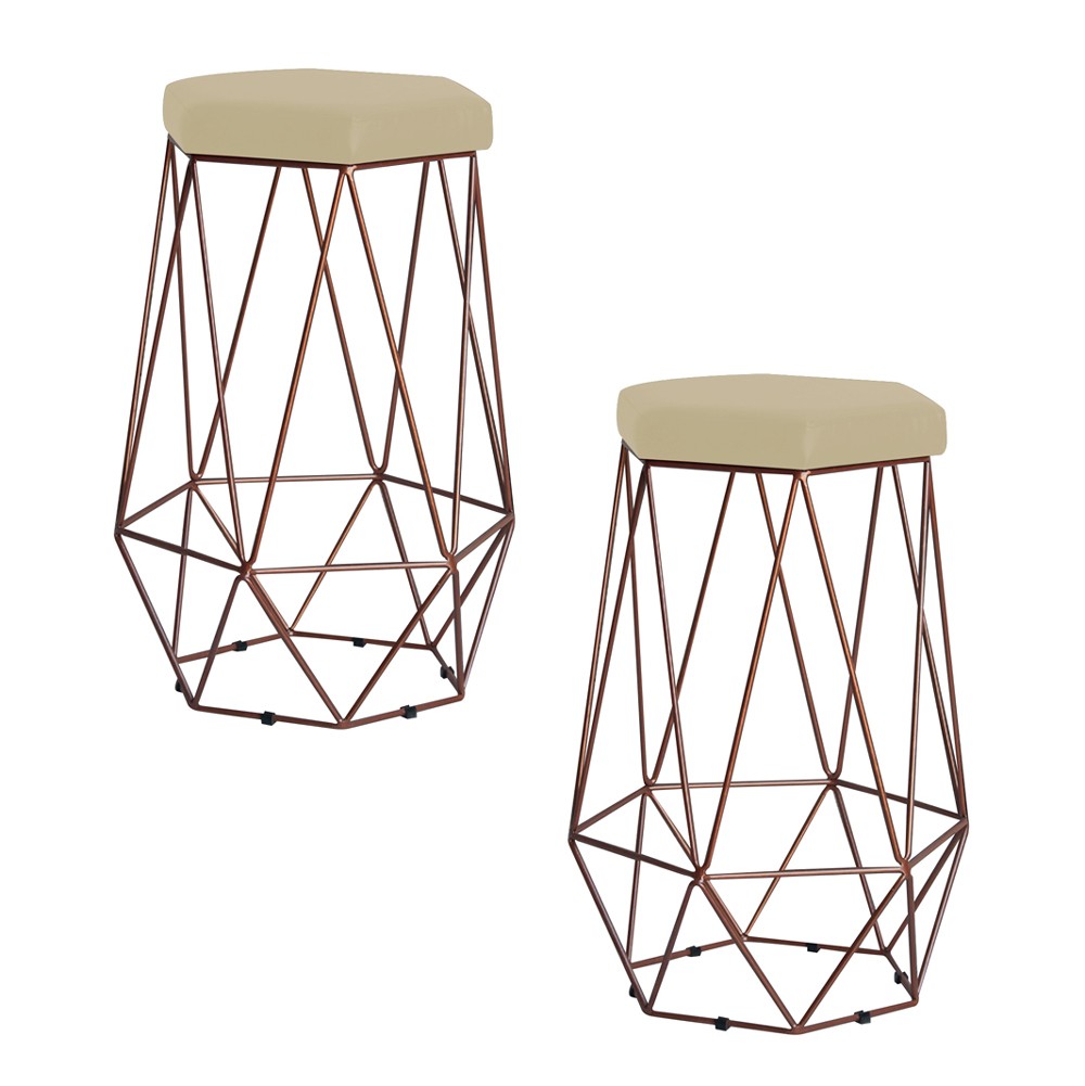 Kit 2 Banqueta Decorativa Rubel Base Bronze Veludo Bege - Gran Belo