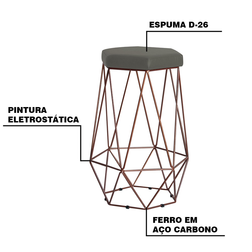 Kit 2 Banqueta Decorativa Rubel Base Bronze Veludo Cinza G41 - Gran Belo