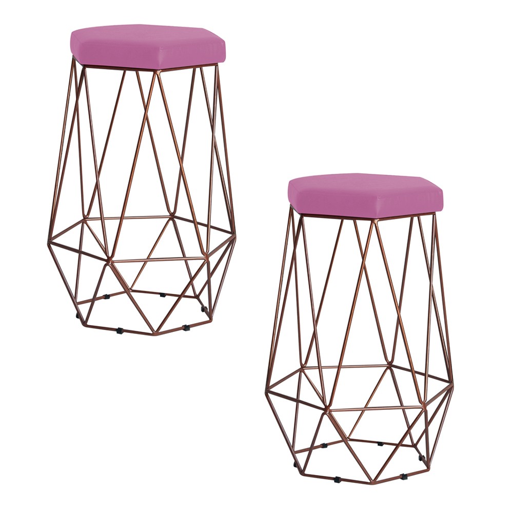 Kit 2 Banqueta Decorativa Rubel Base Bronze Veludo Rosê - Gran Belo