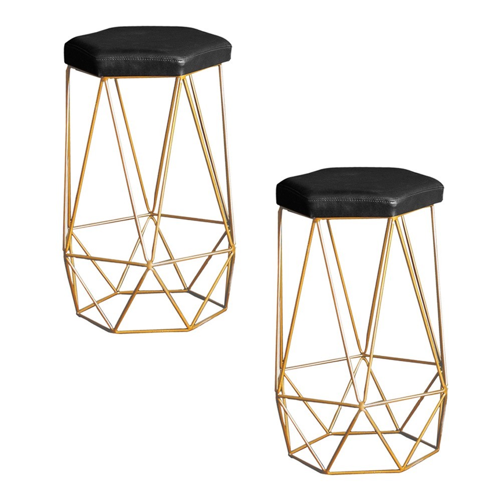 Kit 2 Banqueta Decorativa Rubel Base Gold PU Sintético Preto G41 - Gran Belo