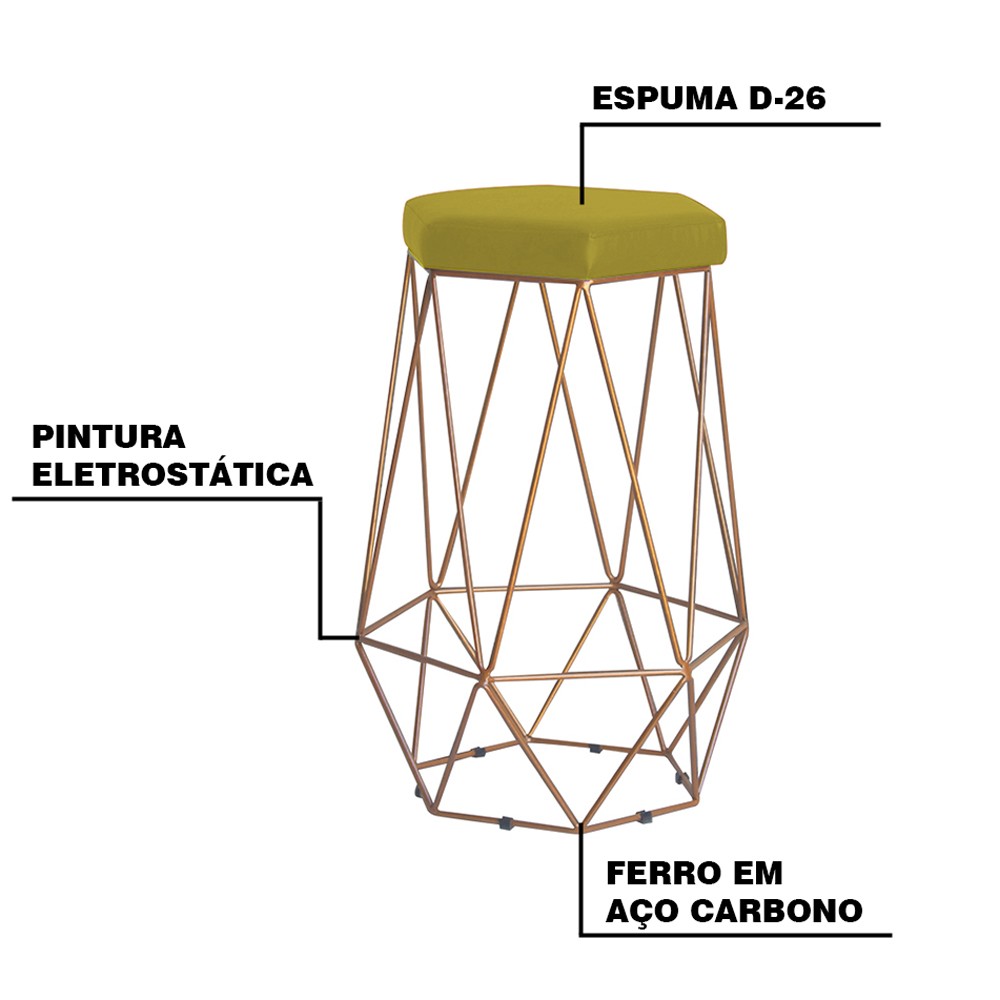 Kit 2 Banqueta Decorativa Rubel Base Gold Suede Amarelo G41 - Gran Belo