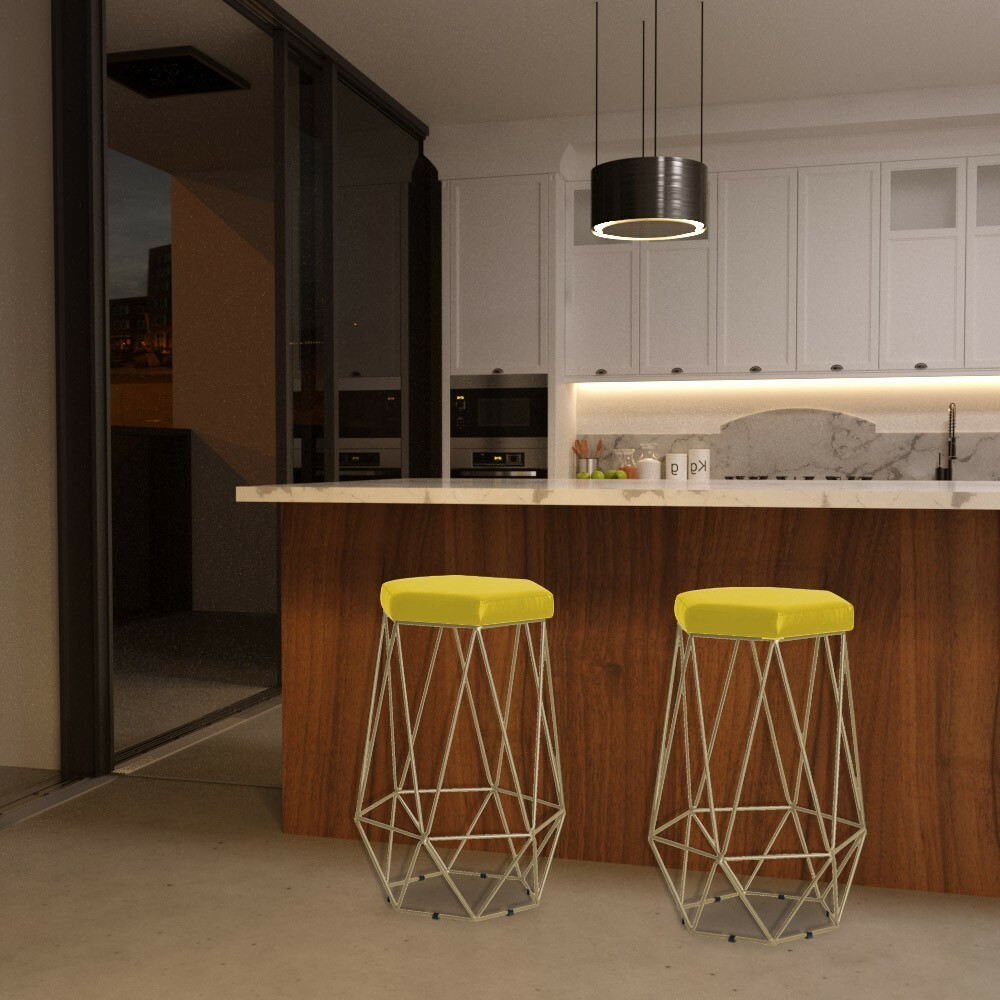 Kit 2 Banqueta Decorativa Rubel Base Gold Suede Amarelo G41 - Gran Belo