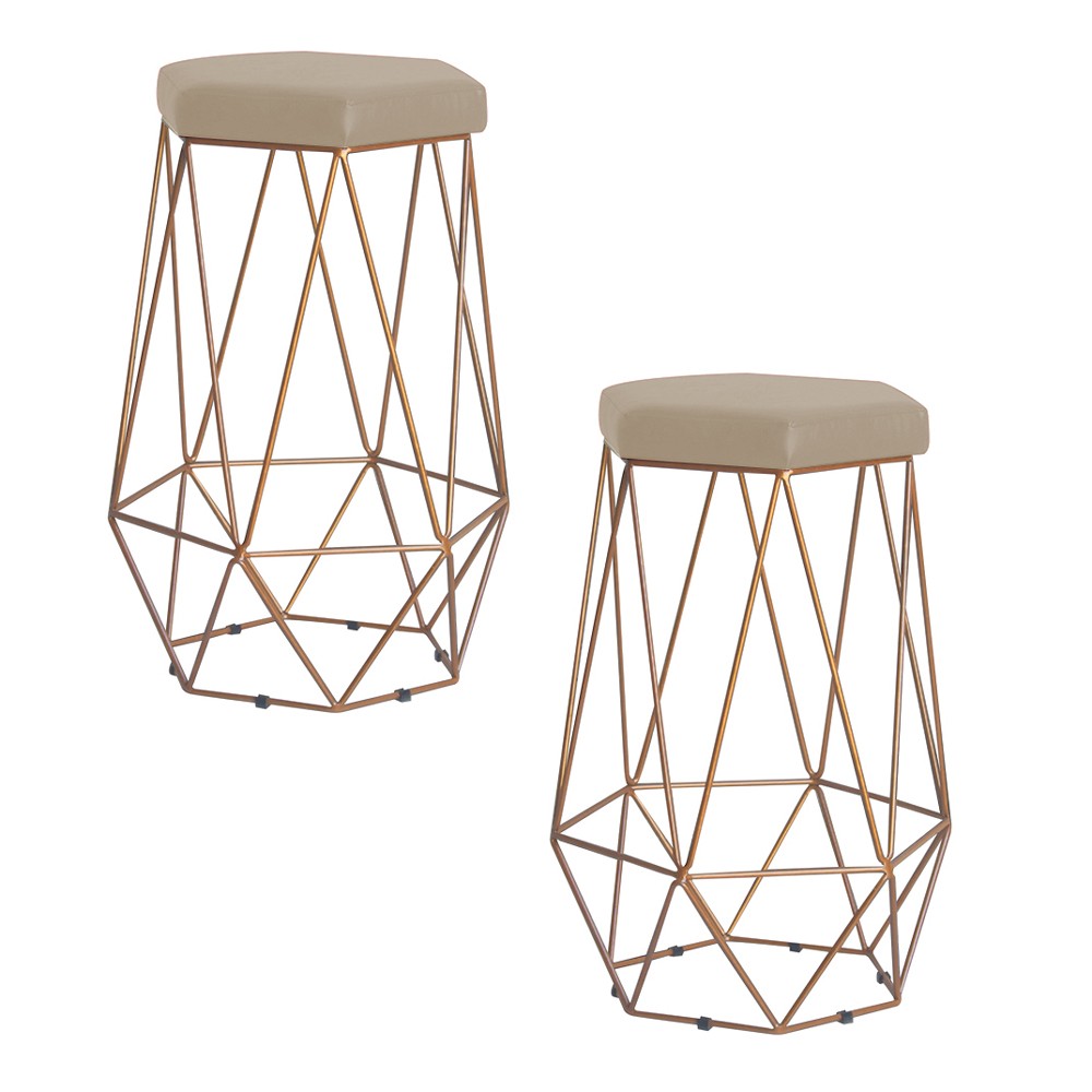 Kit 2 Banqueta Decorativa Rubel Base Gold Suede Bege G41 - Gran Belo